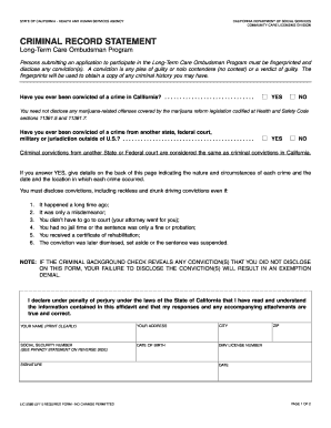 California Criminal Record Statement for Long-Term Care Ombudsman