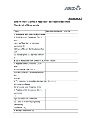 Bank Deceased Claim Application