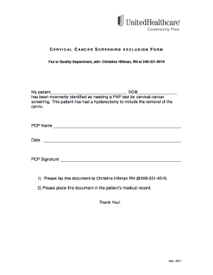Cervical Cancer Screening Exclusion Form