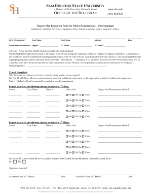 Degree Plan Exception Form for Minor Requirements