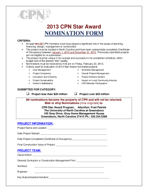 2013 CPN Star Award NOMINATION FORM CRITERIA: At least two 2 CPN members must have played a significant role in the areas of planning, financing, design, management or construction - cpnofnc