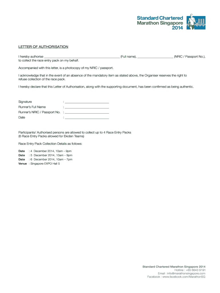 Fillable Online LETTER OF AUTHORISATION Singapore Marathon Fax Email