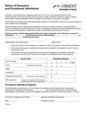 Vermont Immunization Notice and Provisional Admittance Form