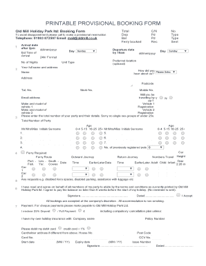 Old Mill Holiday Park Provisional Booking Form