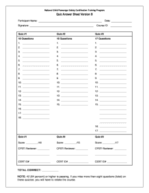 National Child Passenger Safety Certification Training Quiz Answer Sheet