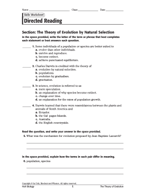 Theory of Evolution Worksheet