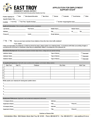 Application for Employment Support Staff