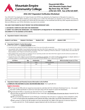 2016-2017 Dependent Verification Worksheet