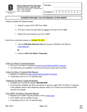Student/Spouse Tax Extension Cover Sheet