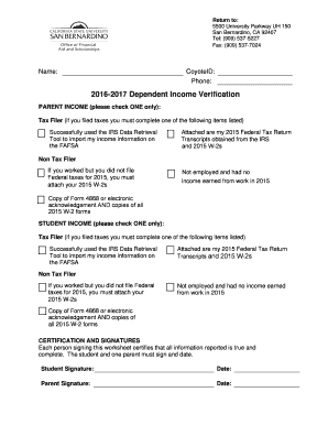 2016-2017 Dependent Income Verification Form