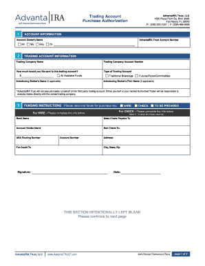 AdvantaIRA Trust Trading Account Purchase Authorization