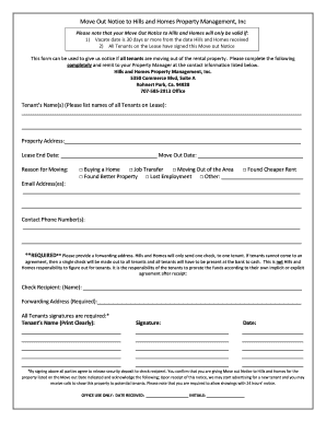 Move Out Notice for Hills and Homes Property Management