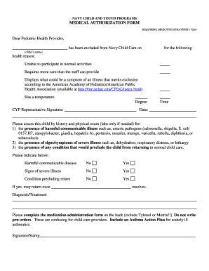 Navy Child and Youth Programs Medical Authorization Form