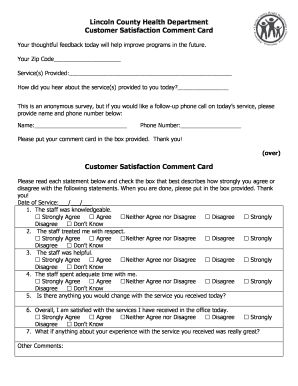 Lincoln County Health Department Customer Satisfaction Comment Card
