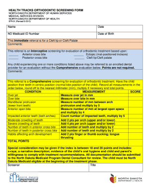 North Dakota Orthodontic Screening Form