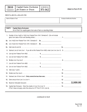 Vermont Capital Gains Exclusion Schedule FI-162