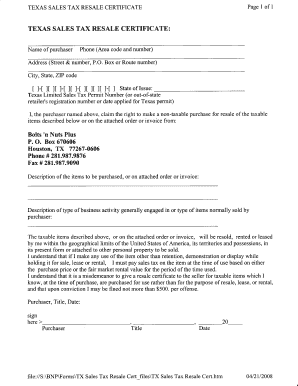 Texas Sales Tax Resale Certificate