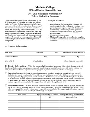 2014-2015 Verification Worksheet for Federal Student Aid
