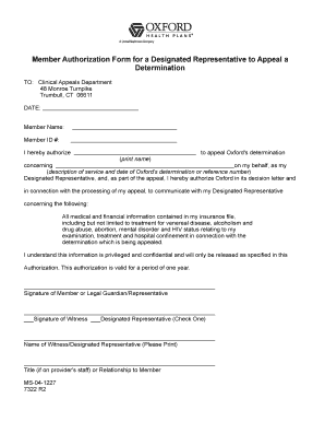 Member Authorization Form for Designated Representative Appeal