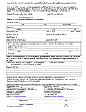 Humboldt-Del Norte Grievance Complaint Appeal Form