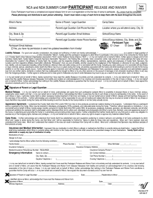 NCA and NDA Summer Camp Participant Release and Waiver