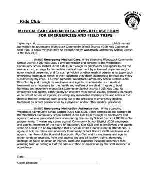 Kids Club Medical Care and Medication Release Form
