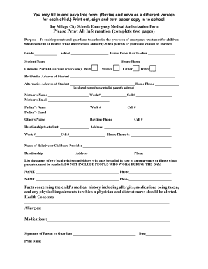 Bay Village City Schools Emergency Medical Authorization Form