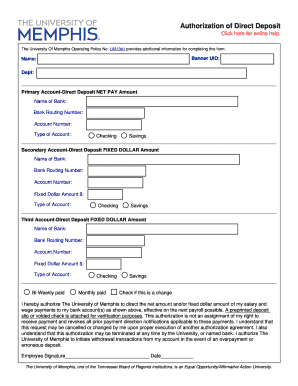 University of Memphis Direct Deposit Authorization