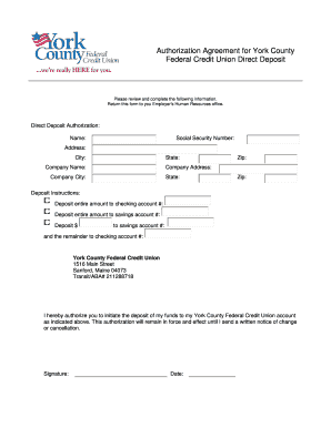 York County Federal Credit Union Direct Deposit Authorization