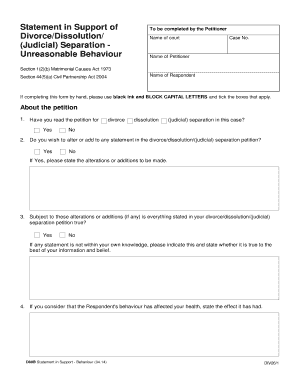 Statement in Support of Divorce/Dissolution