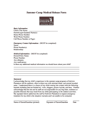 Summer Camp Medical Release Form