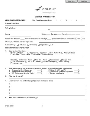 Garage Insurance Application Form