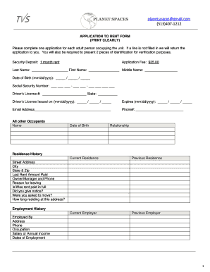 Application to Rent Form