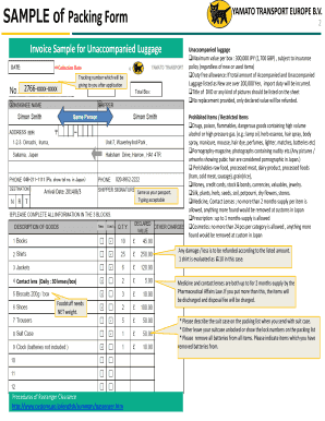 Yamato Transport Unaccompanied Luggage Packing Form