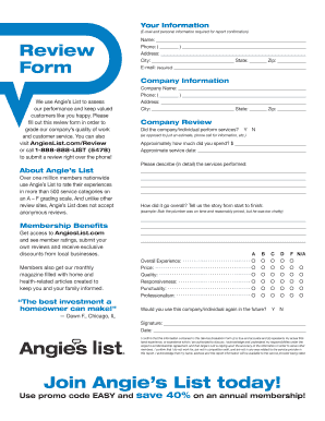 Angie's List Service Evaluation Form