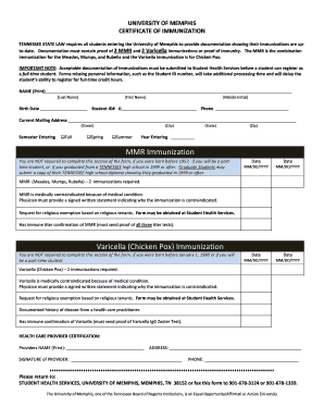 University of Memphis Certificate of Immunization