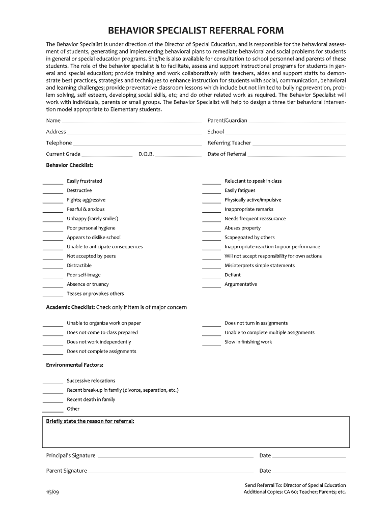 Fillable Online Behavior Specialist Referral Form 010809 PBISWorld