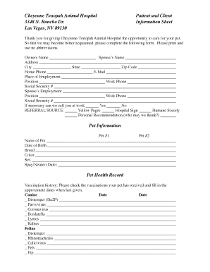Cheyenne Tonopah Animal Hospital Patient Information Sheet