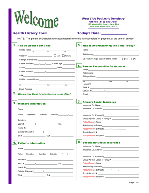 West Side Pediatric Dentistry Health History Form