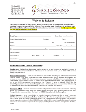 Waiver and Release Form for Shocco Springs Baptist Conference Center