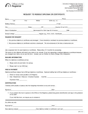 Request to Reissue Diploma or Certificate