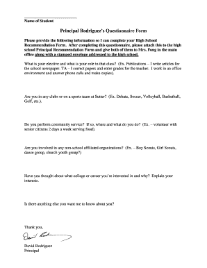 High School Principal Recommendation Questionnaire