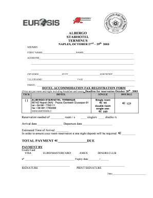 Modulo di registrazione fax per l'alloggio in albergo