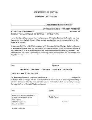 Catholic Baptism Sponsor Certificate
