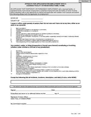 Affidavit for Employment with Childcare Facility