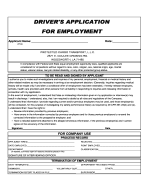 Driver's Employment Application Form