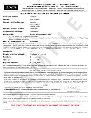 Quebec Chartered Accountants Professional Liability Insurance Certificate