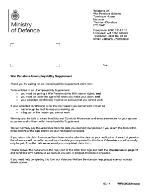 War Pensions Unemployability Supplement Claim Form