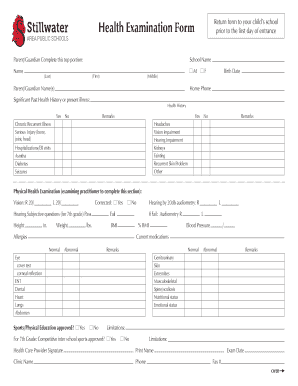Kindergarten Enrollment Health Examination Form