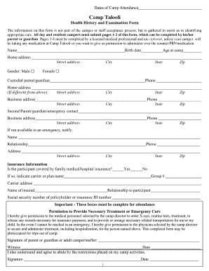 Camp Talooli Health History and Examination Form